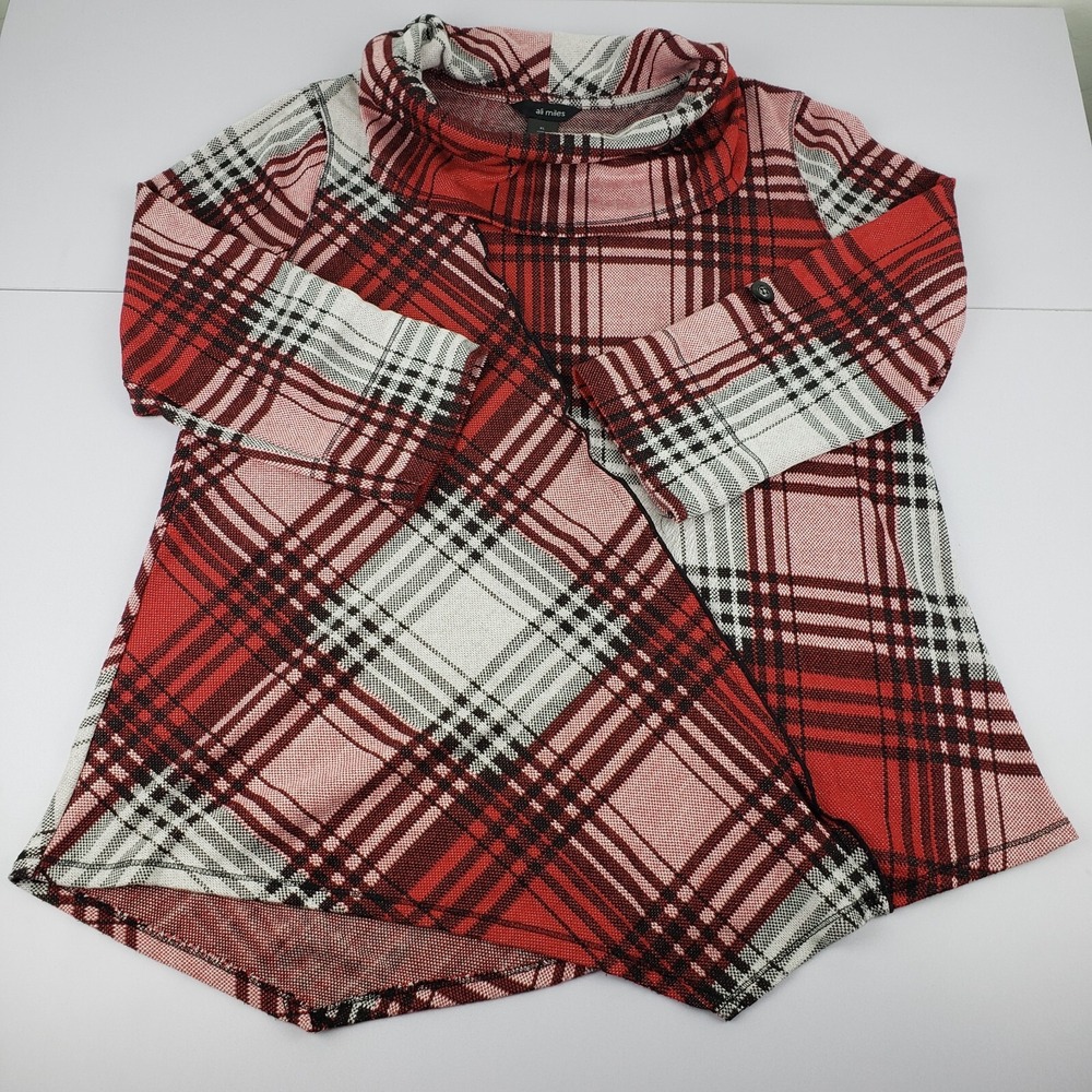 Ali Miles‎ Blouse Women's XL Red Plaid Long Roll Tab Sleeve Stretch Knit Top